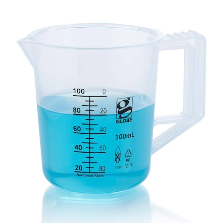 Globe Scientific 100mL Beaker with Handle, Diamond Essentials, Low Form, Printed Graduations, PP 3654-100